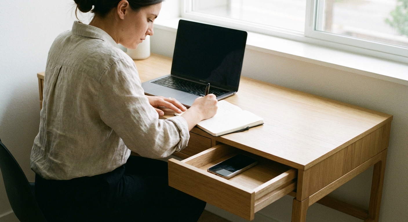 Phone placed in drawer while person works at clean desk