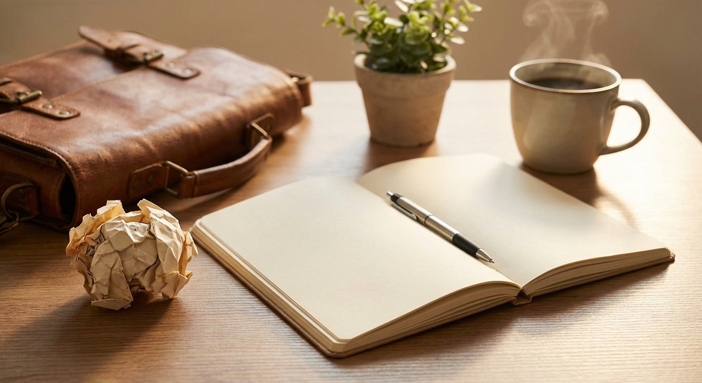 Crumpled paper on desk next to fresh notebook representing letting go of old plans