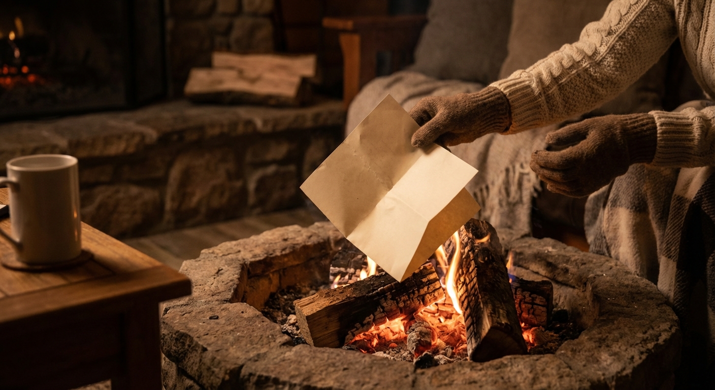 Hands releasing paper into fire pit representing letting go of old expectations