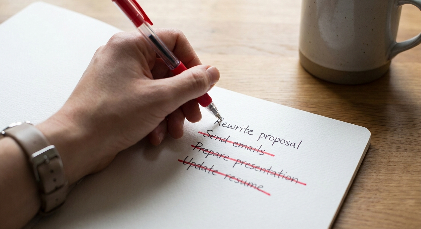 Person's hand crossing items off list with red pen showing deletions