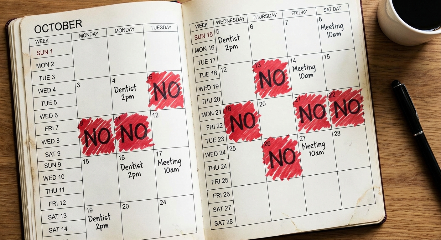 Calendar with blocked out time and 'NO' written across several days