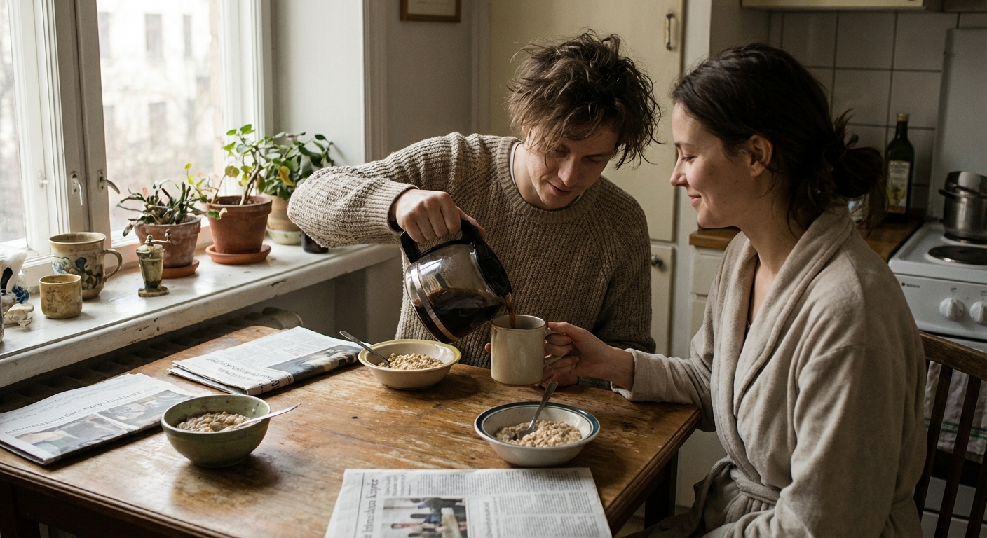 Couple sharing quiet breakfast moment together at kitchen table