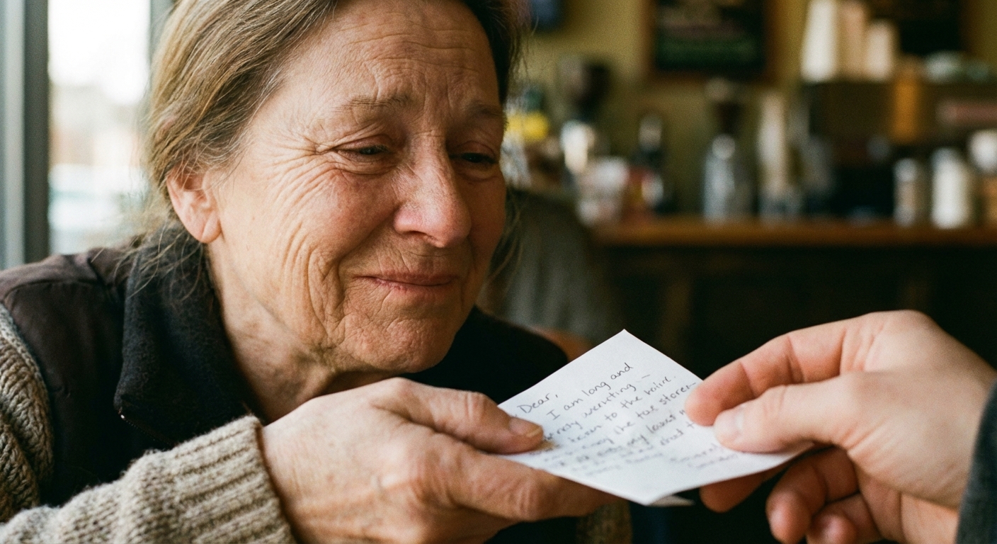 Person's face softening into grateful smile receiving small gift