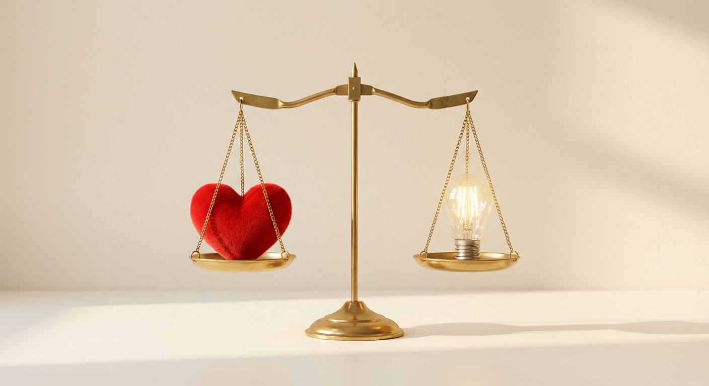 Scale balancing heart symbol and lightbulb representing compassion and insight