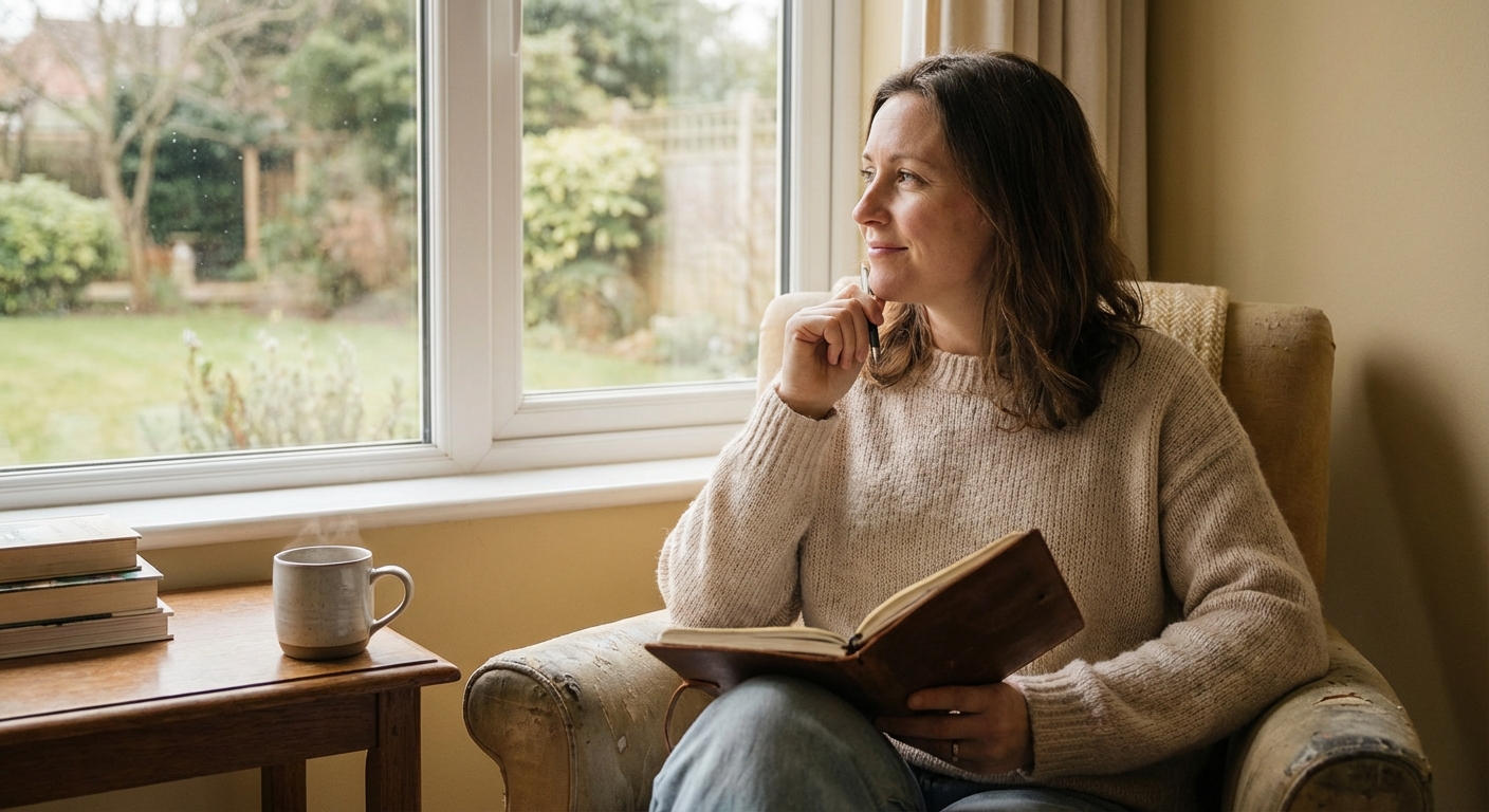 Person writing in journal with thoughtful expression by window