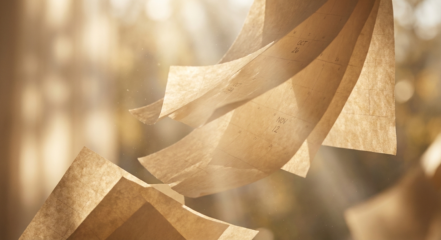 Calendar pages turning with light streaming through symbolizing passage of time and fresh starts