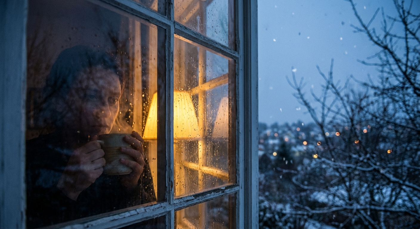 Reflection of person in window with winter scene outside showing contemplation and self-examination