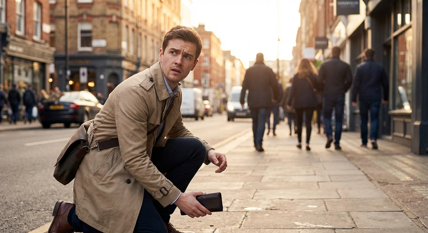 Person discovering a lost wallet and looking around for its owner