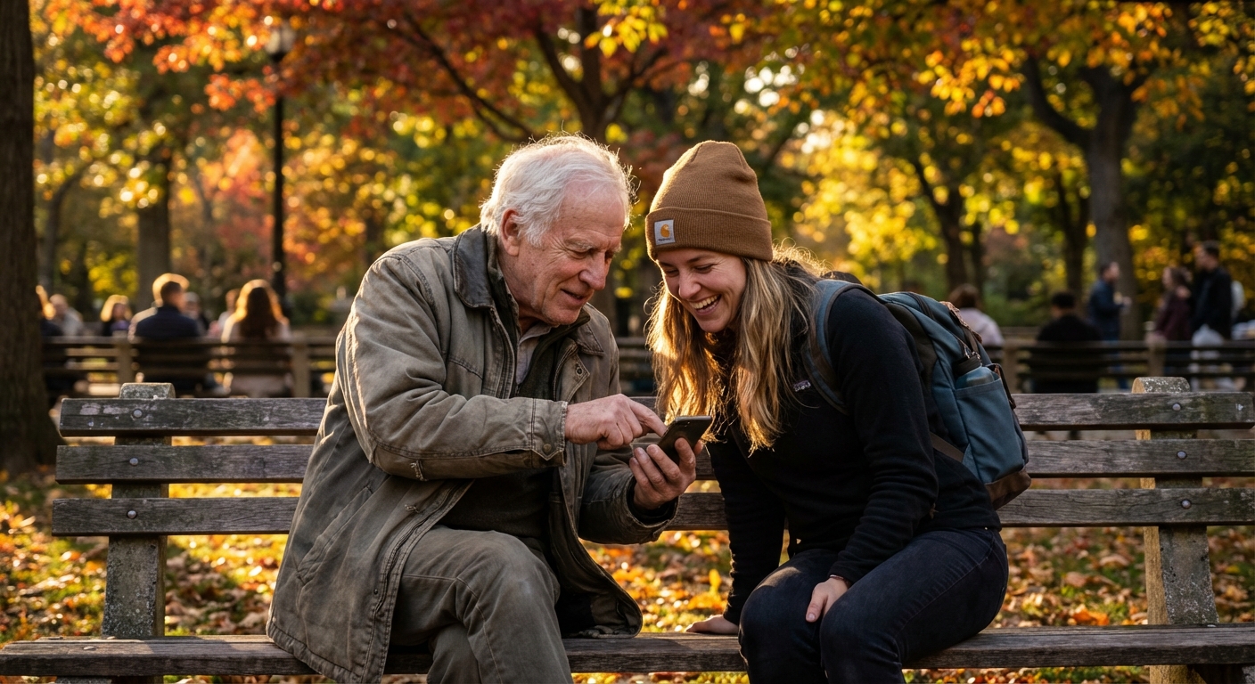 Two strangers having a warm interaction on a park bench