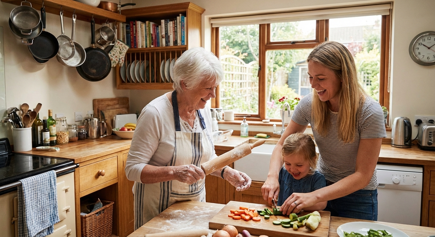 Multi-generational family preparing food together in kitchen
