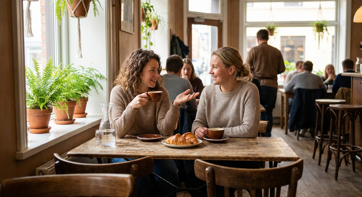 Two friends having coffee and pastries at a small cafe table