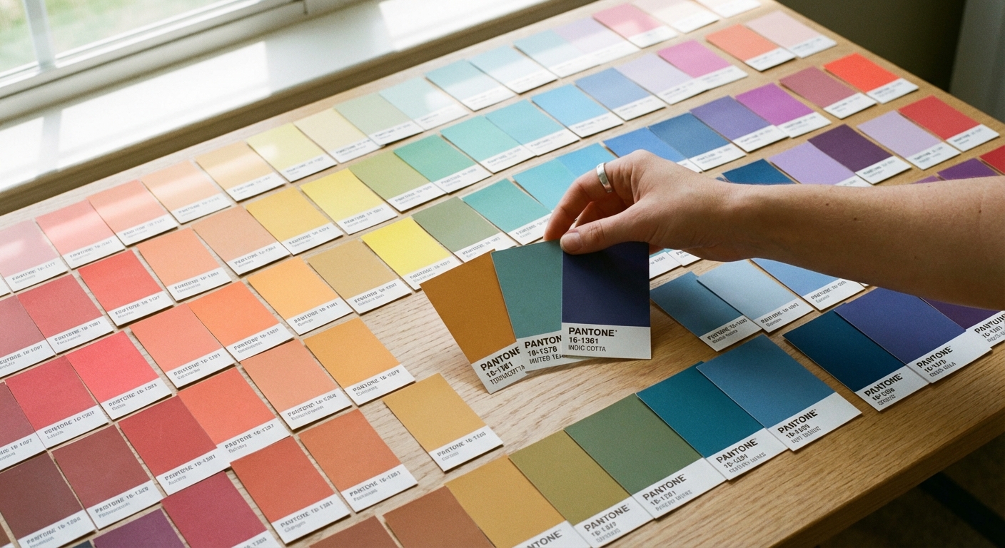 Colorful paint swatches spread across a table representing the spectrum of emotional vocabulary