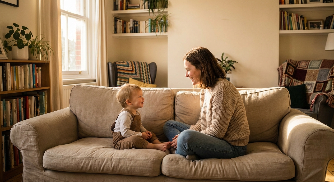 Parent and child sitting together on a couch having a warm, engaged conversation