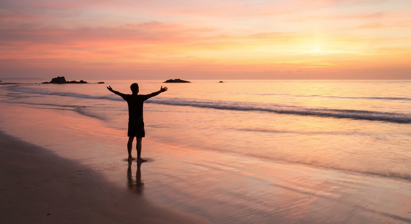 Person standing at ocean's edge at sunrise with arms slightly raised, expressing openness