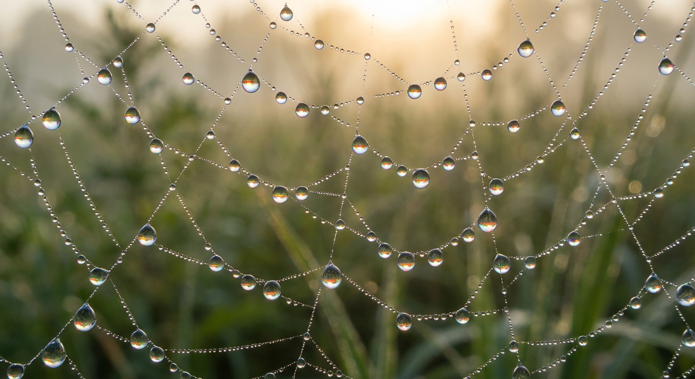 Macro photograph of dewdrops on a spider web with morning light creating tiny rainbows