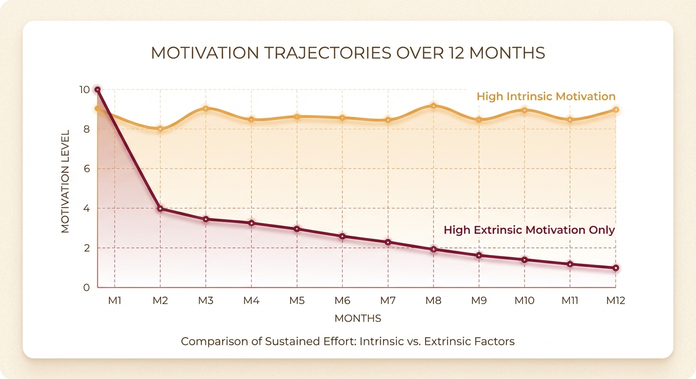 Research chart showing intrinsic motivation predicting goal adherence over twelve months