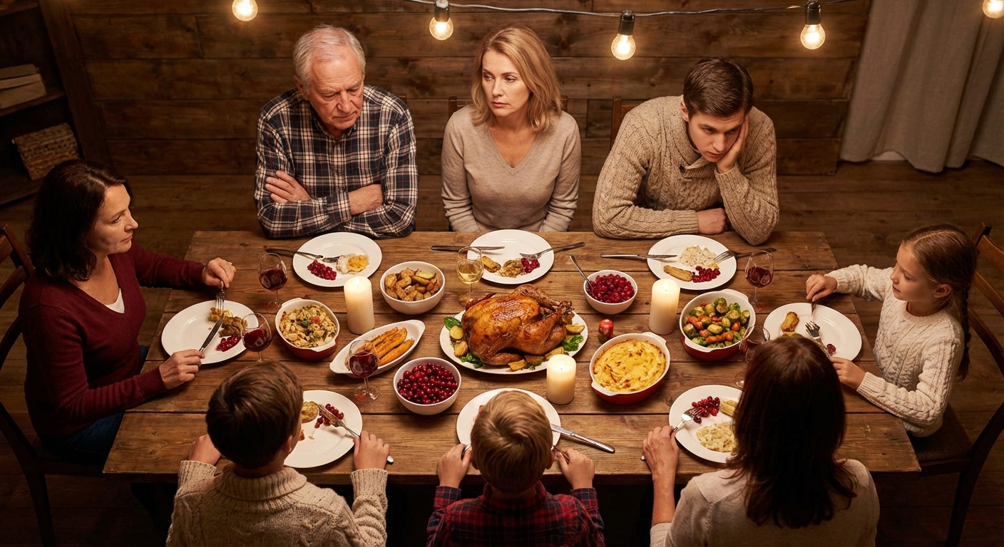 Family dinner table with multiple generations showing subtle tension in body language