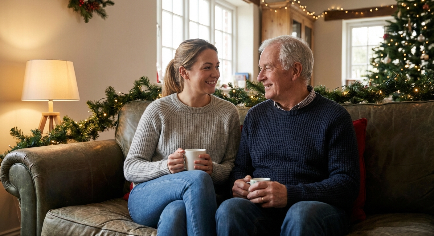 Adult having warm conversation with parent showing mutual respect and connection