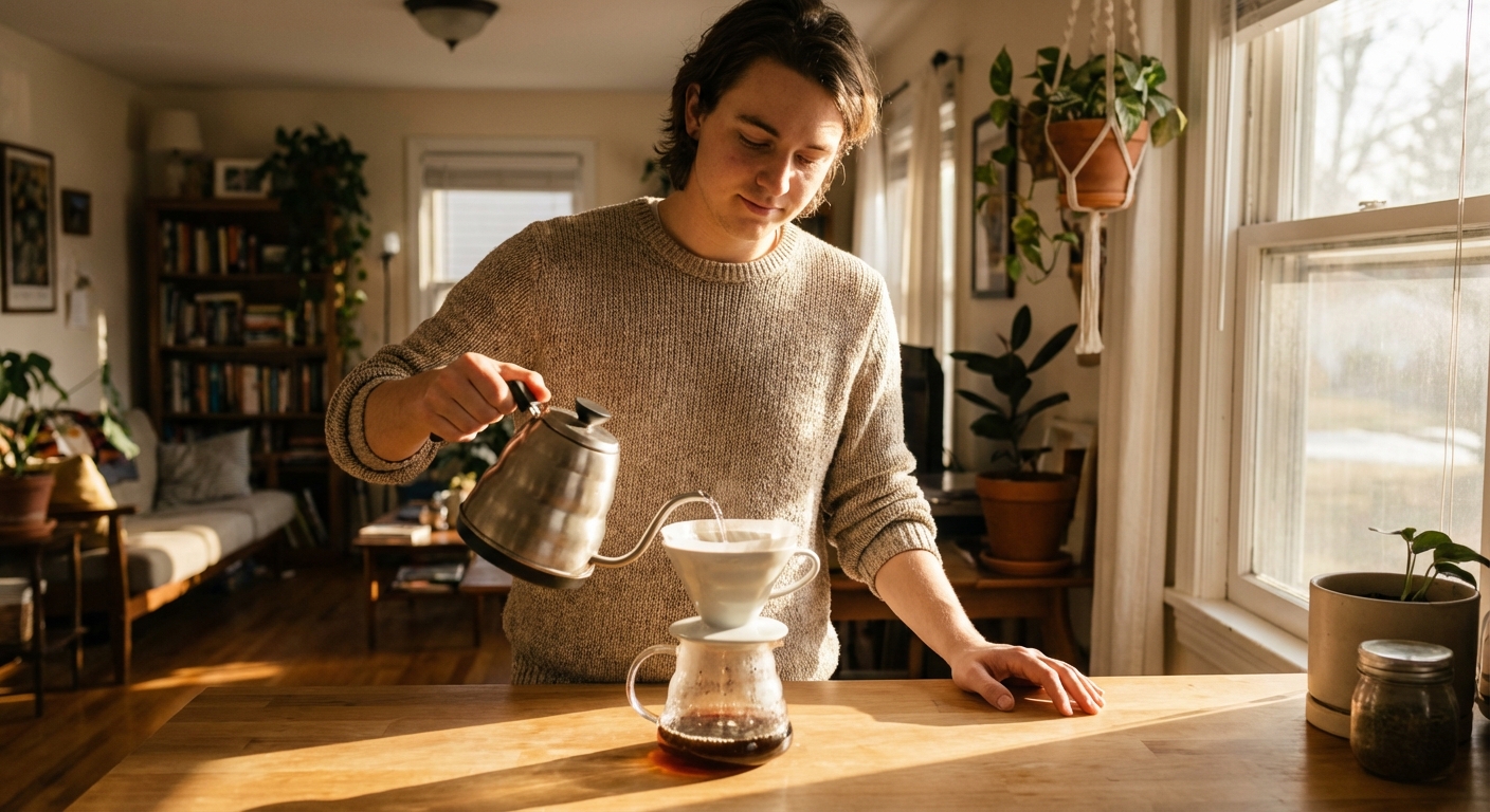 Person pausing mindfully during everyday activity with awareness of present moment