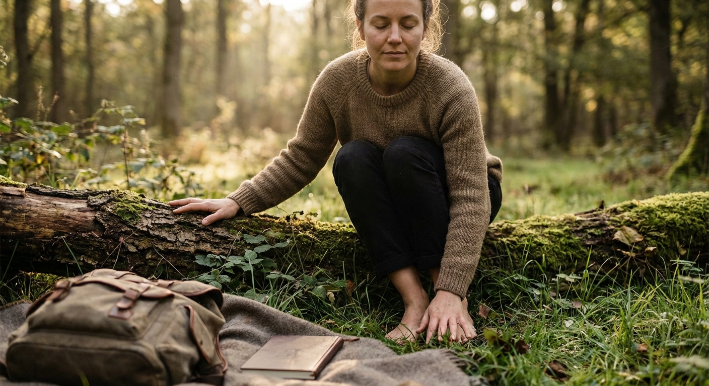 Person practicing grounding technique with focus on present moment sensations