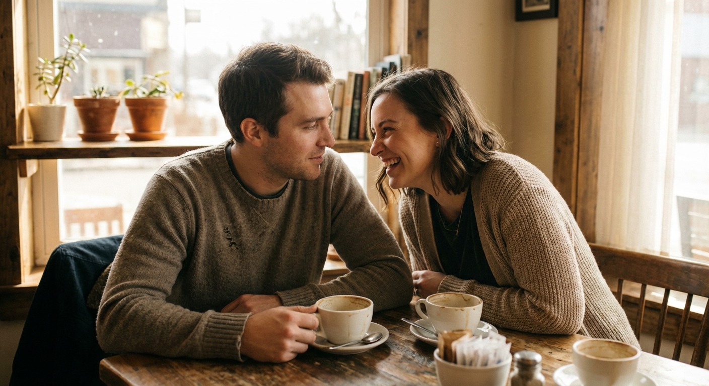 Two people sharing a genuine moment of connection over coffee in a warm cafe setting