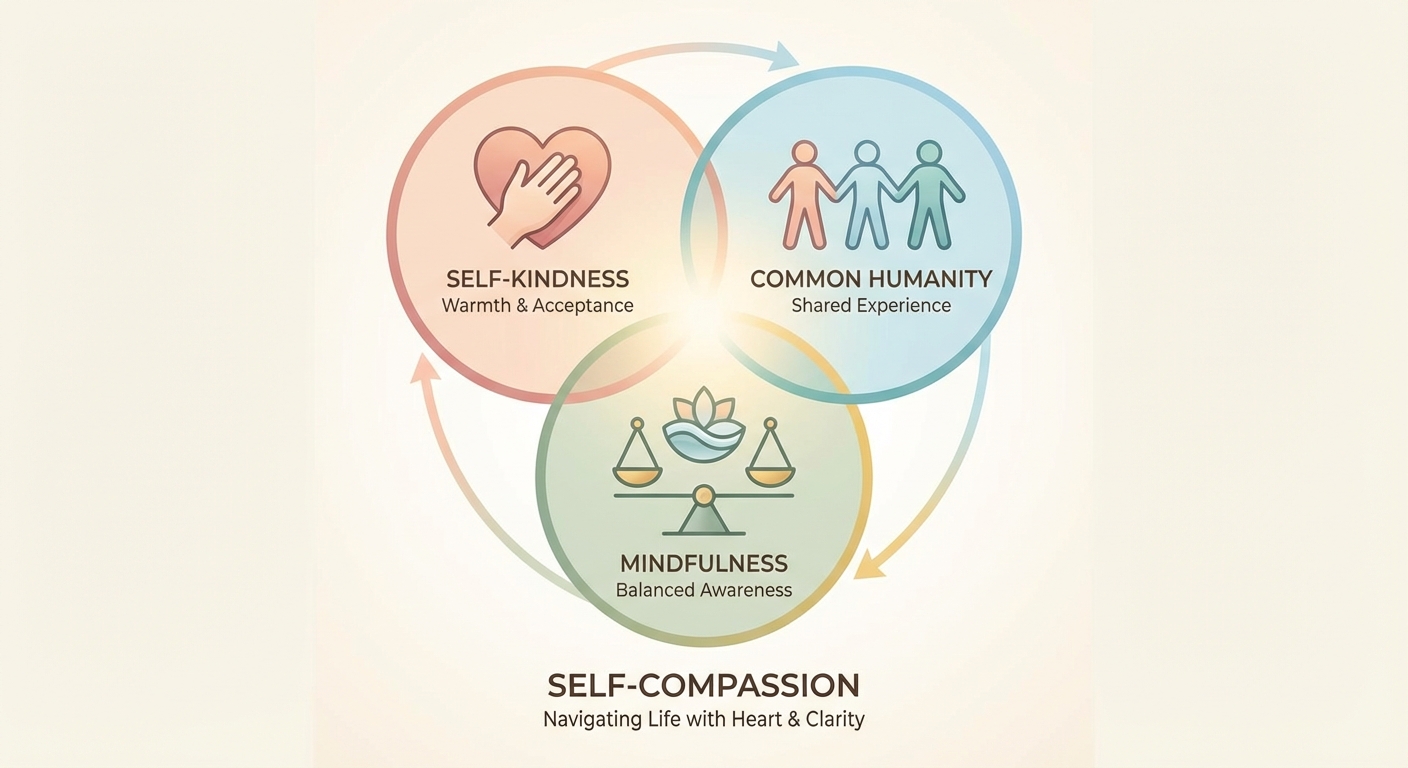 Visual representation of three components of self-compassion: kindness, common humanity, mindfulness