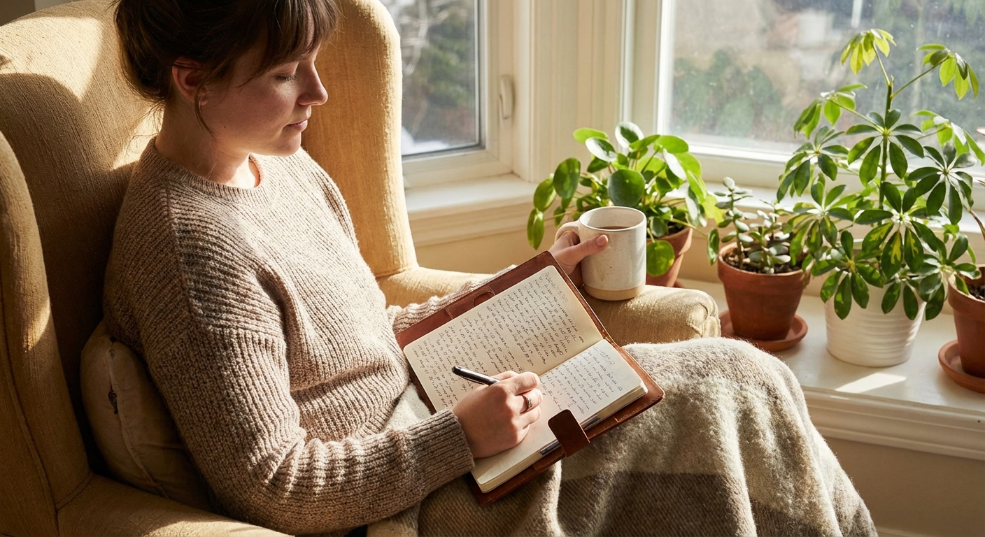 Person writing in journal with gentle, reflective expression practicing self-compassion
