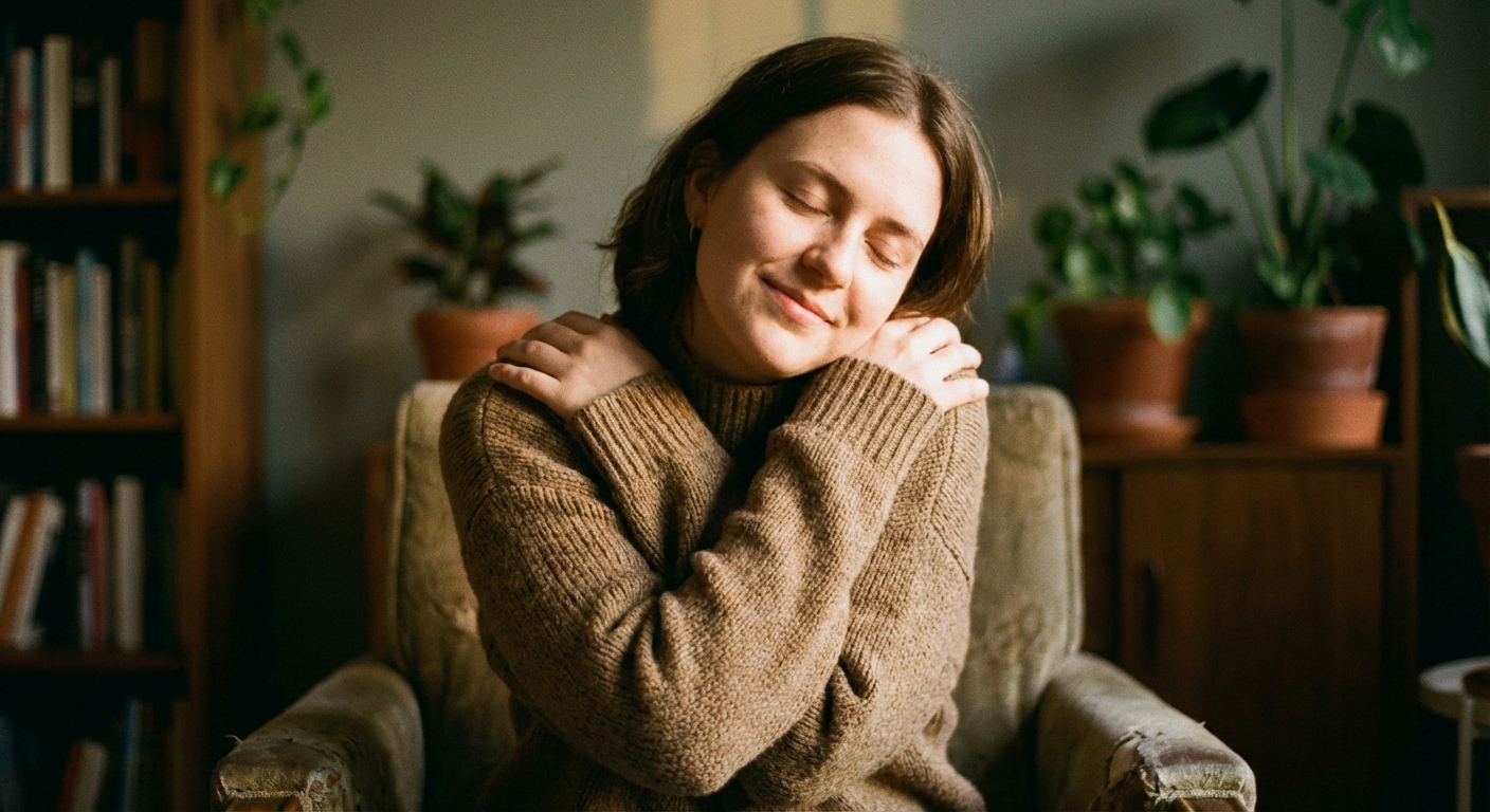 Warm supportive image of person extending compassion to themselves like comforting a friend