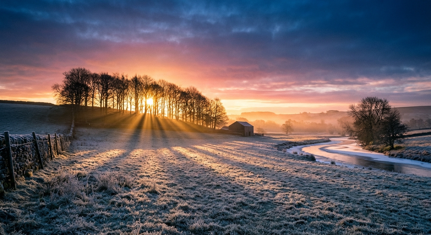 Winter solstice sunrise with light breaking through bare trees symbolizing return of light