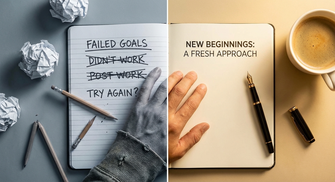 Split image showing failed attempts on left and successful new approach on right