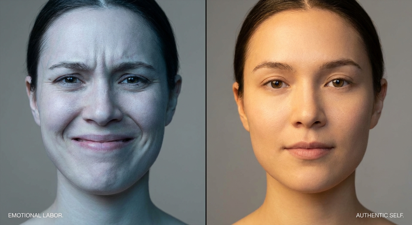 Split image showing a forced smile on one side and a genuine relaxed expression on the other