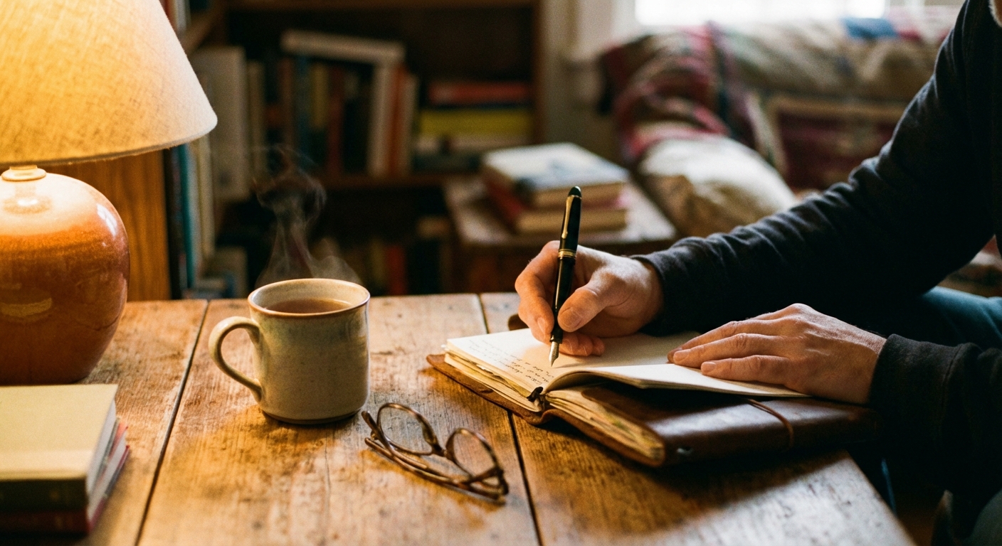 Person writing in a journal by soft lamplight in a cozy evening setting