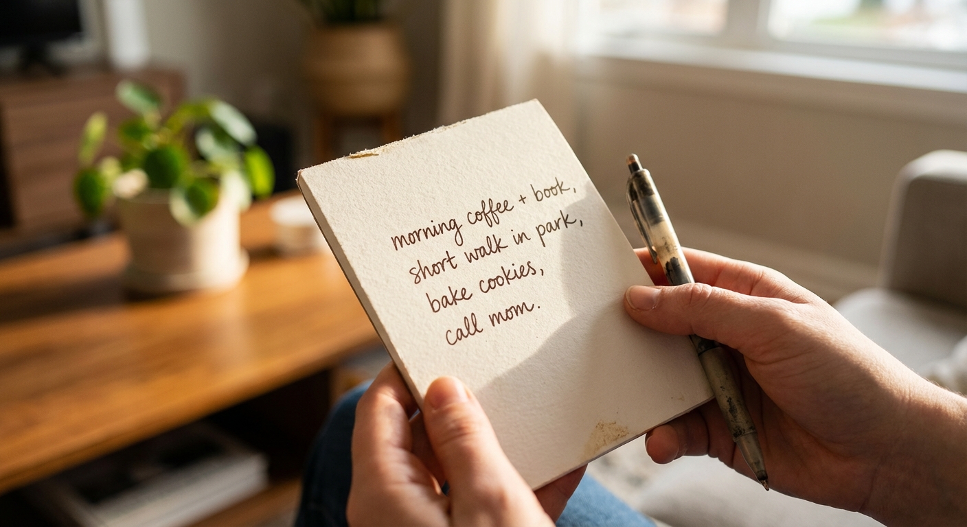 Person's hands holding a small notepad with a short handwritten list of simple pleasures
