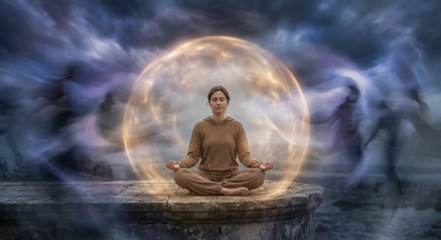 Person in a peaceful bubble of calm amid chaotic emotional energy around them