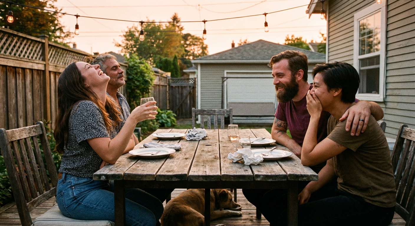 Group of friends sharing genuine laughter and positive emotional connection