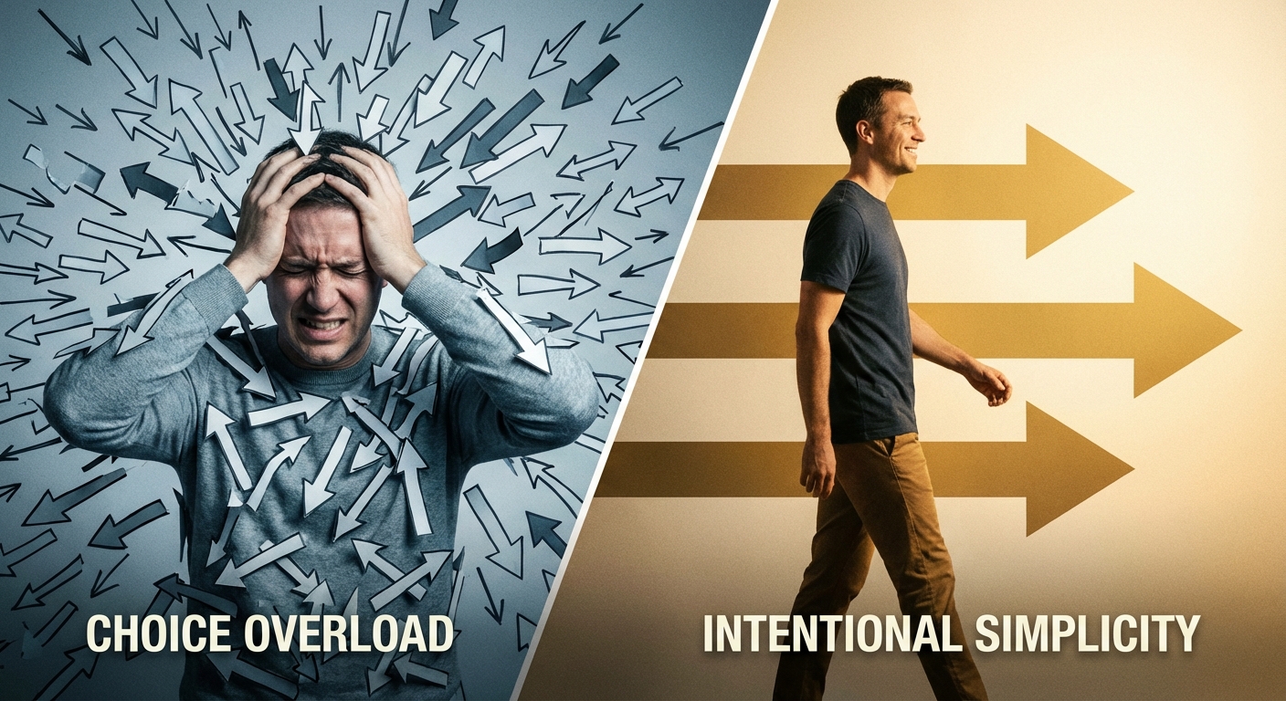 Person overwhelmed by countless arrows pointing in different directions representing decision overload