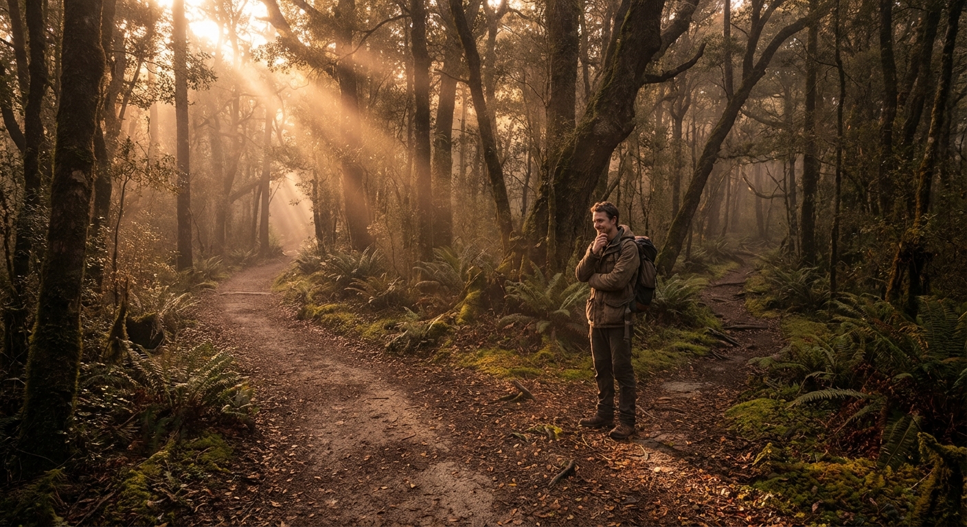 Path through a forest splitting into many trails representing unexplored life possibilities