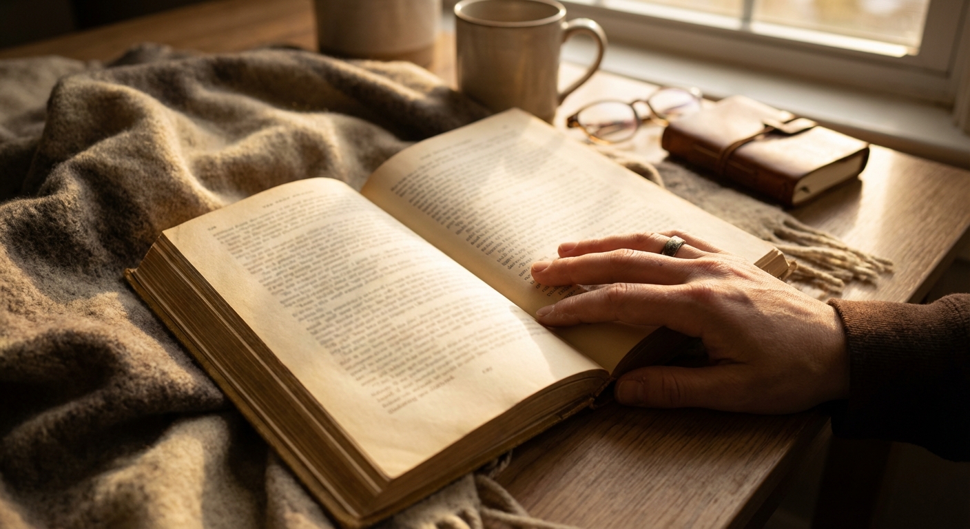 An open book with the last chapter visible, light falling across the pages