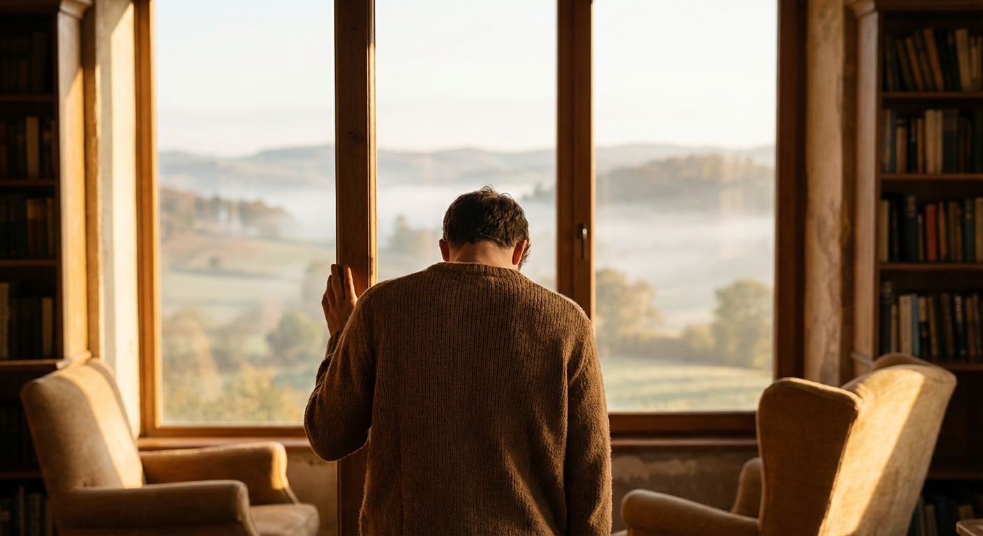 Person standing at a window looking out at a new landscape while touching the frame