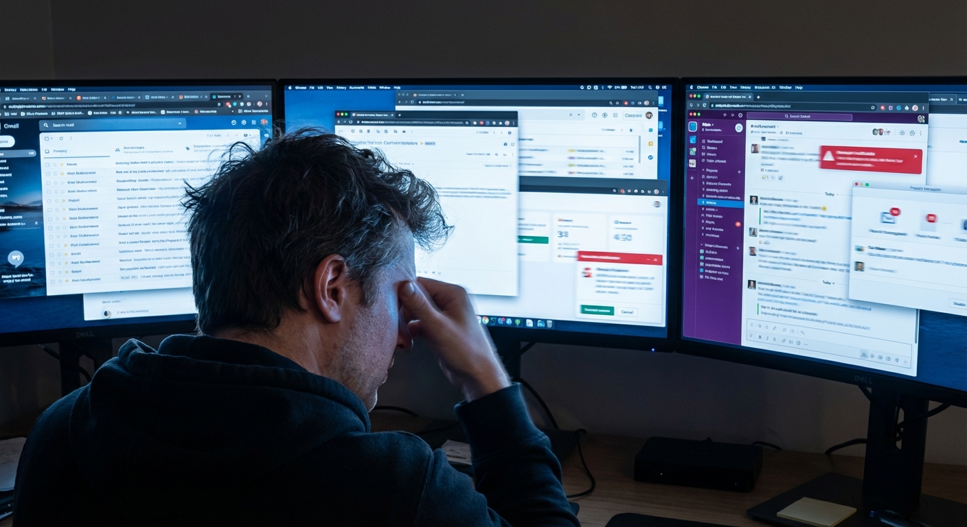 Multiple browser tabs and apps competing for attention on a cluttered screen