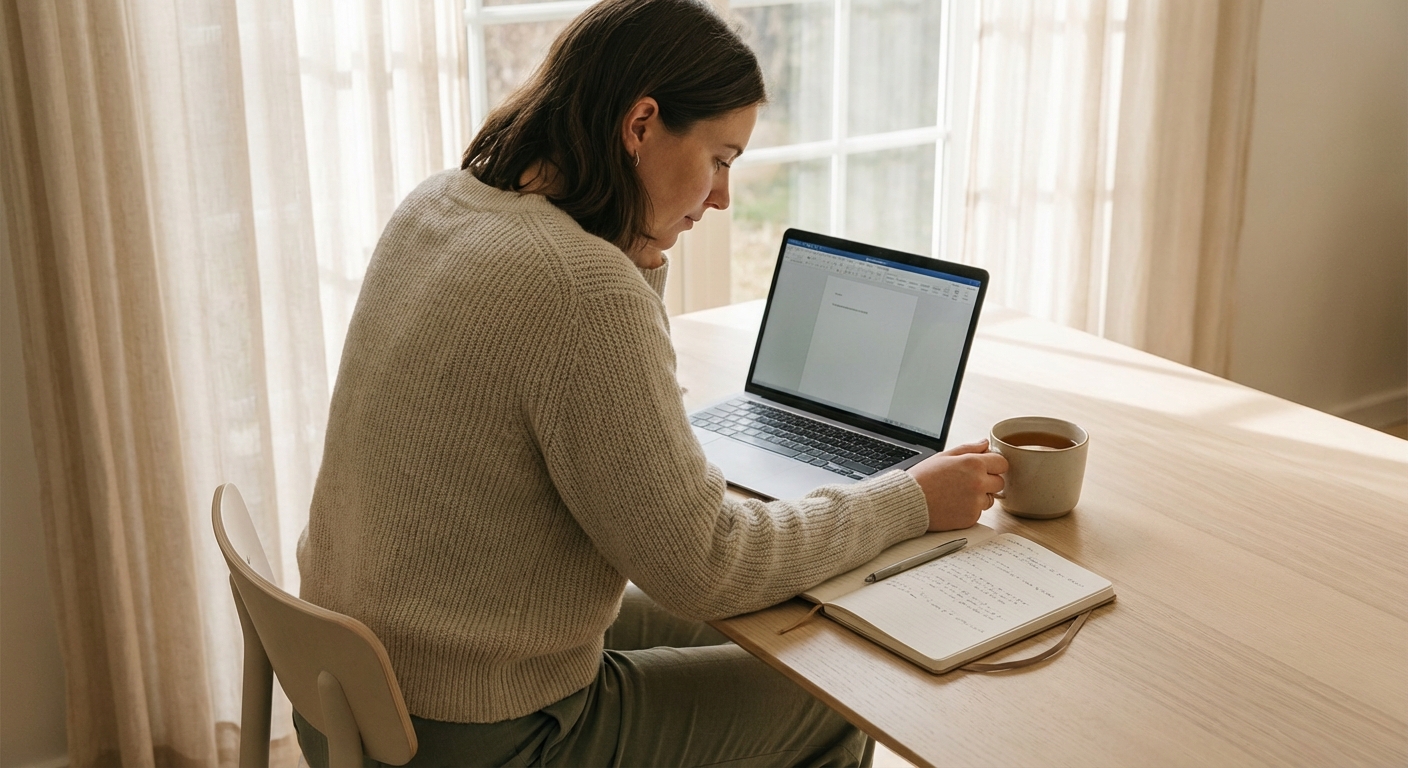 Person working in a calm, minimal environment with clear focus