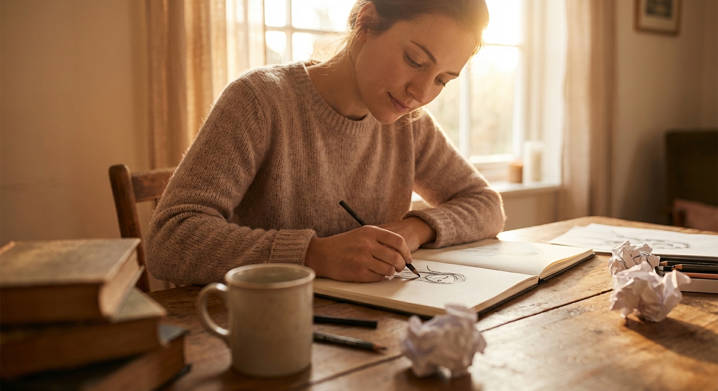 Peaceful scene of someone fully absorbed in a single meaningful activity
