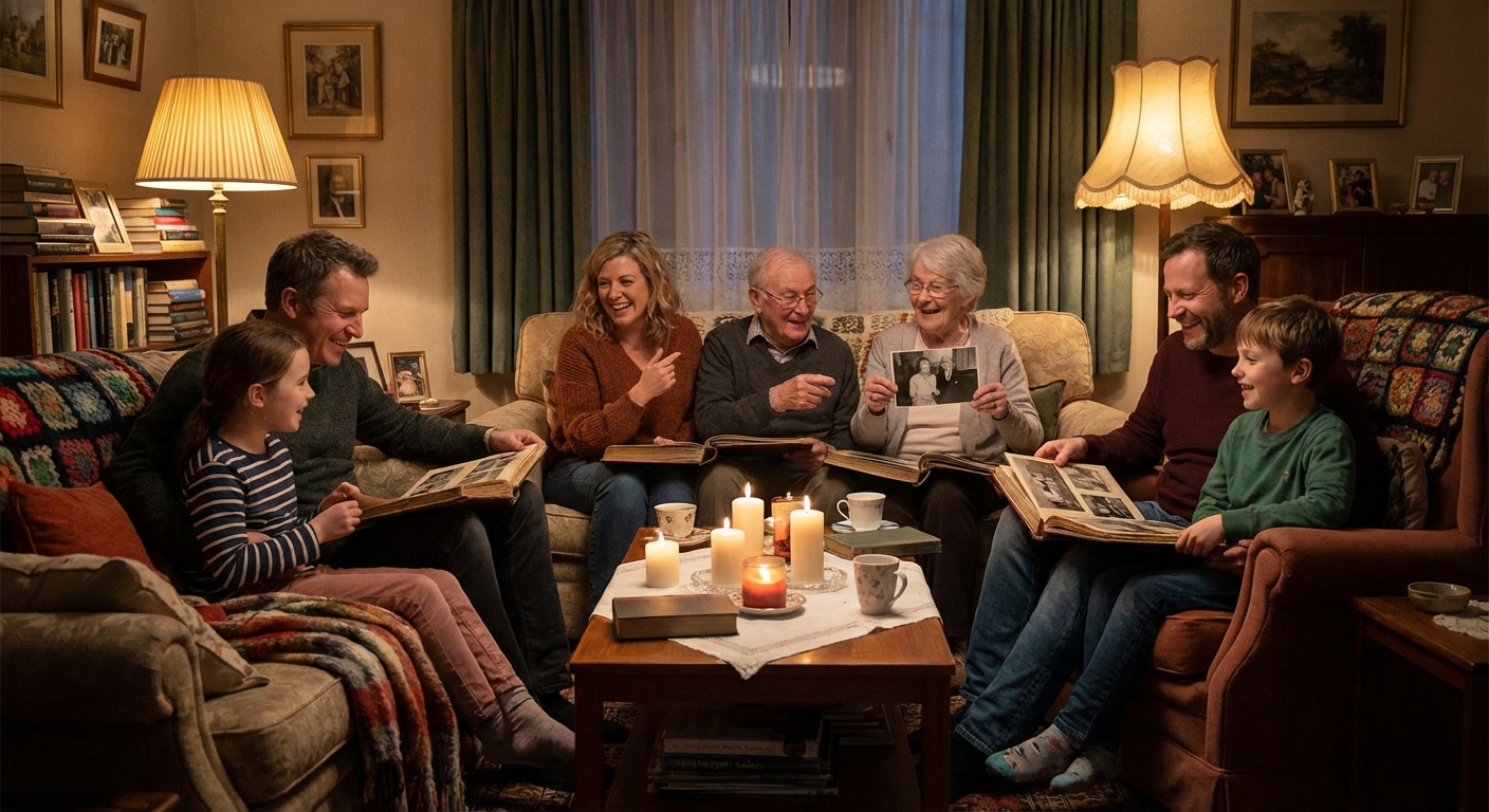Family gathered around a table sharing stories and looking at old photos