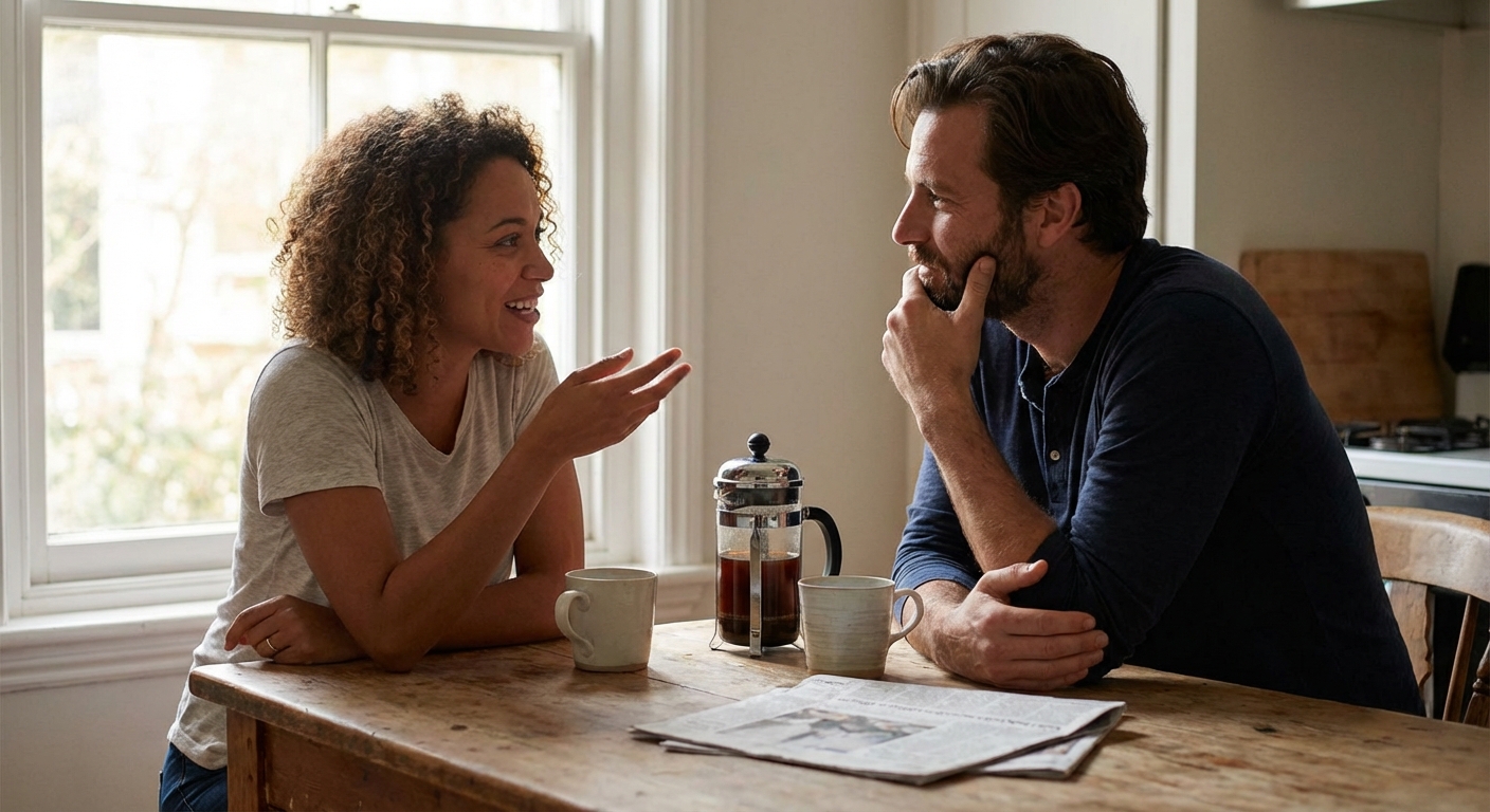Two people having an authentic conversation over coffee, demonstrating emotional connection
