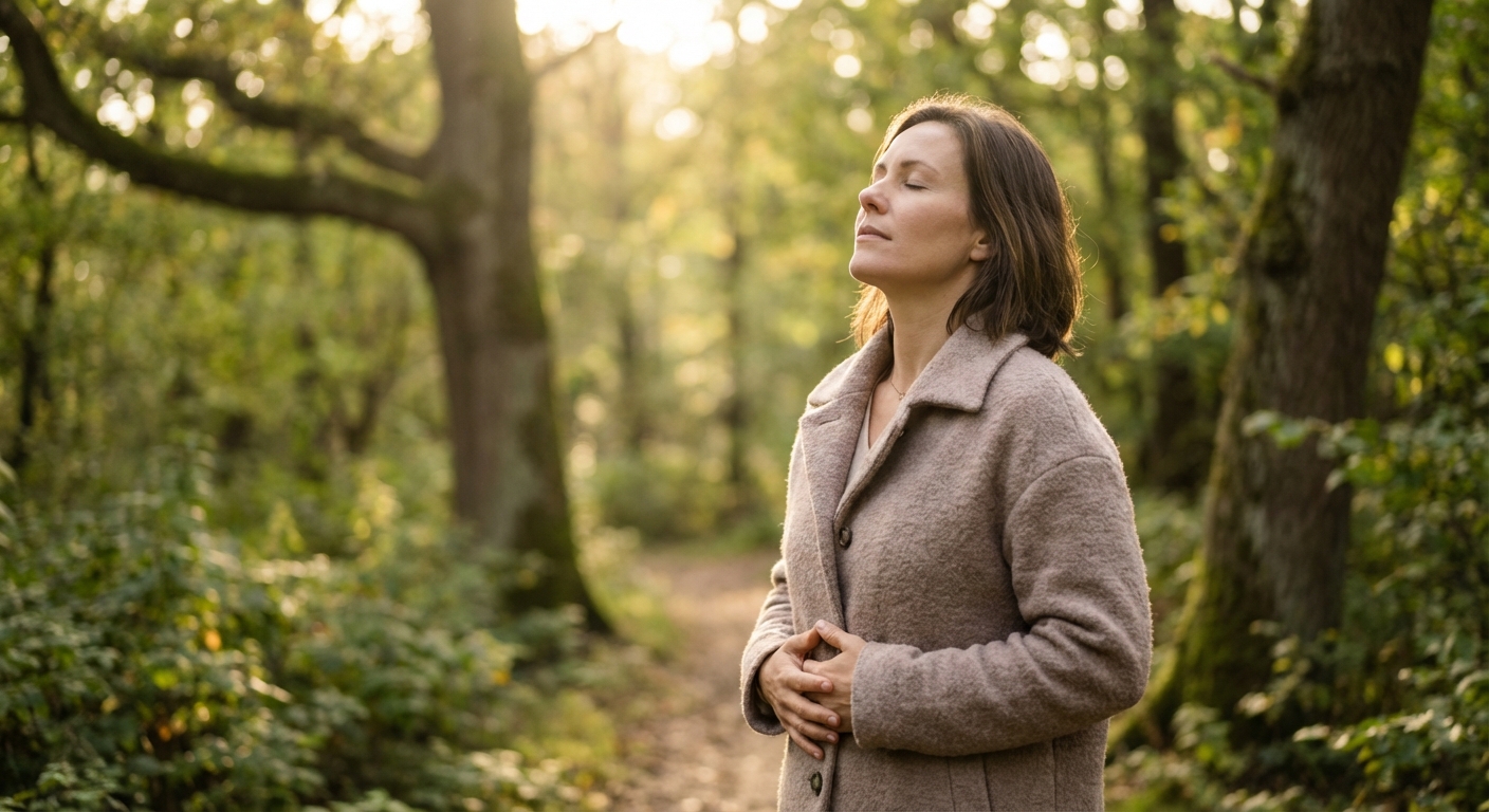 Person taking a mindful pause outdoors, breathing deeply with eyes closed in natural setting