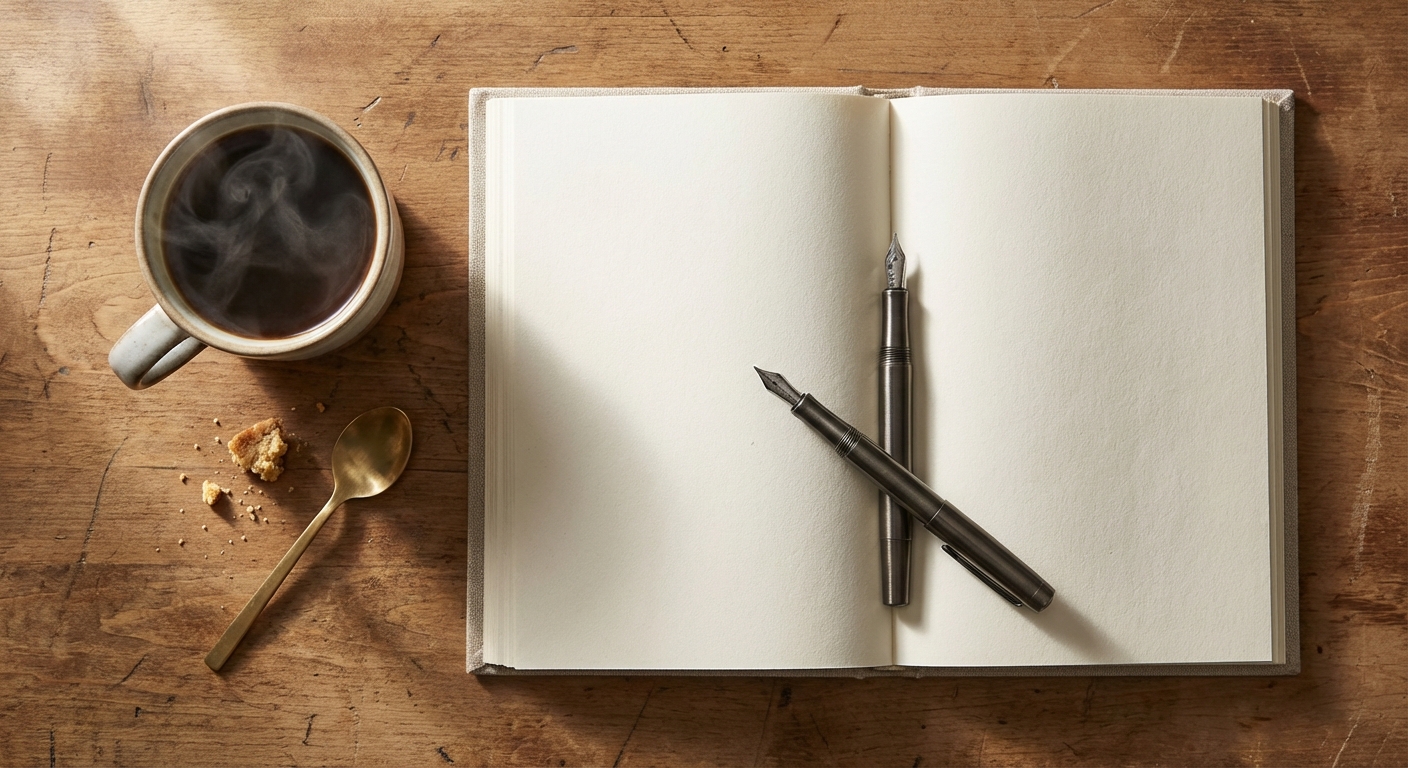 Journal open on wooden desk with morning coffee, pen resting on blank page inviting reflection
