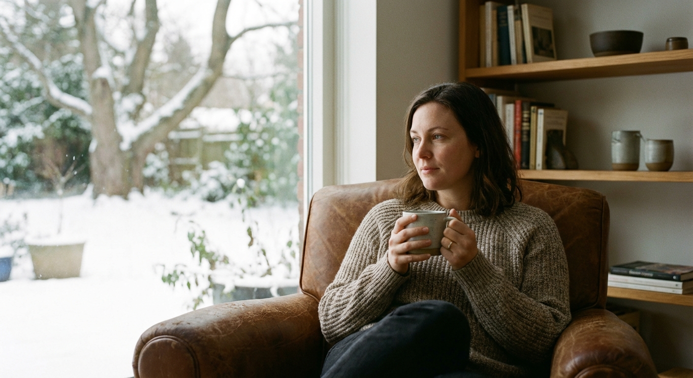 Woman sitting by window in contemplation, soft winter light illuminating peaceful expression