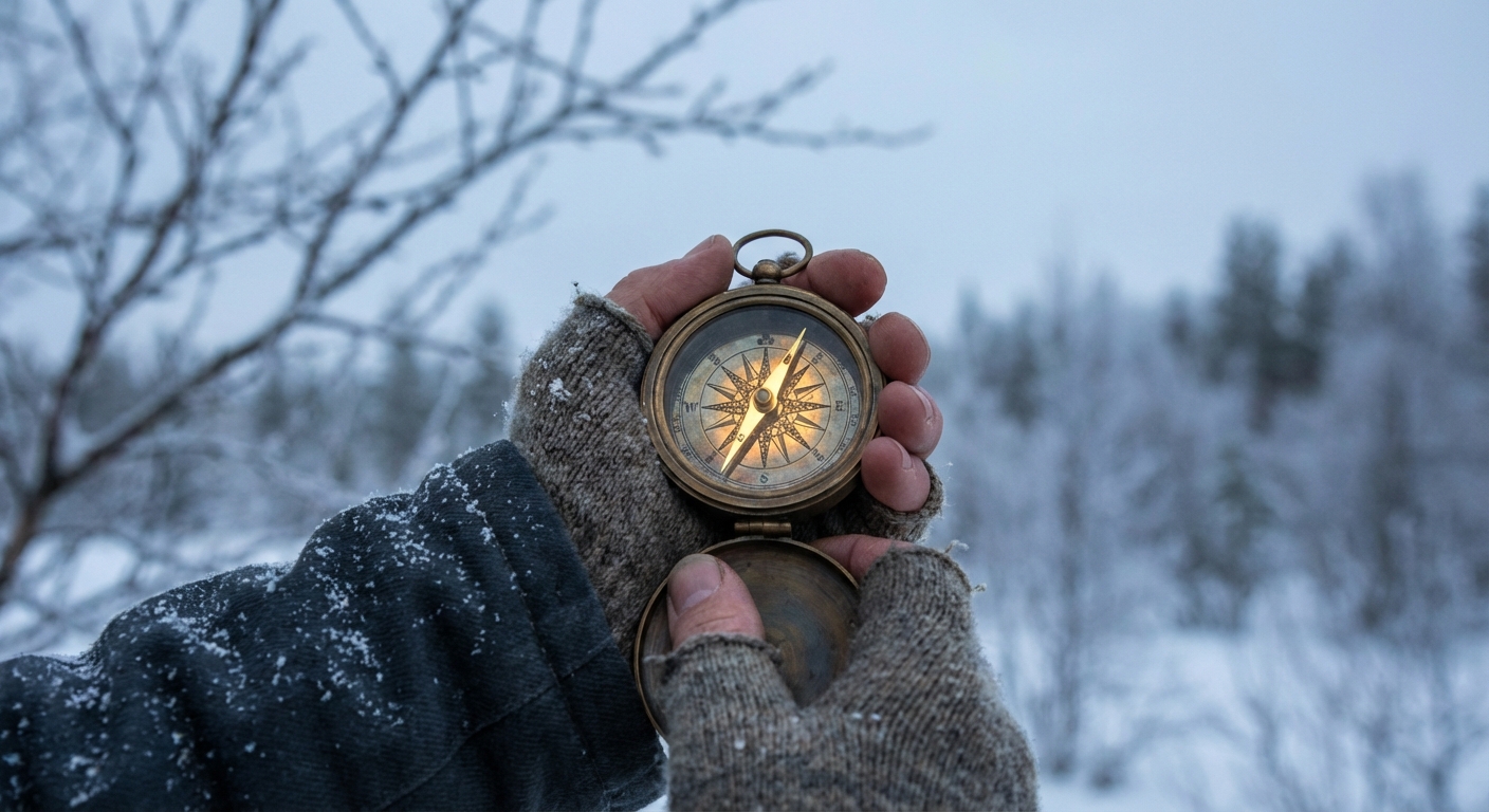 Hands holding compass outdoors in winter, symbolizing finding new direction with confidence