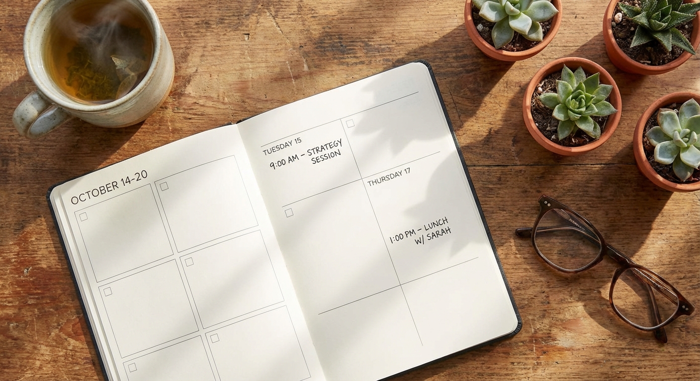 Empty calendar page with only one appointment, surrounded by peaceful office plants
