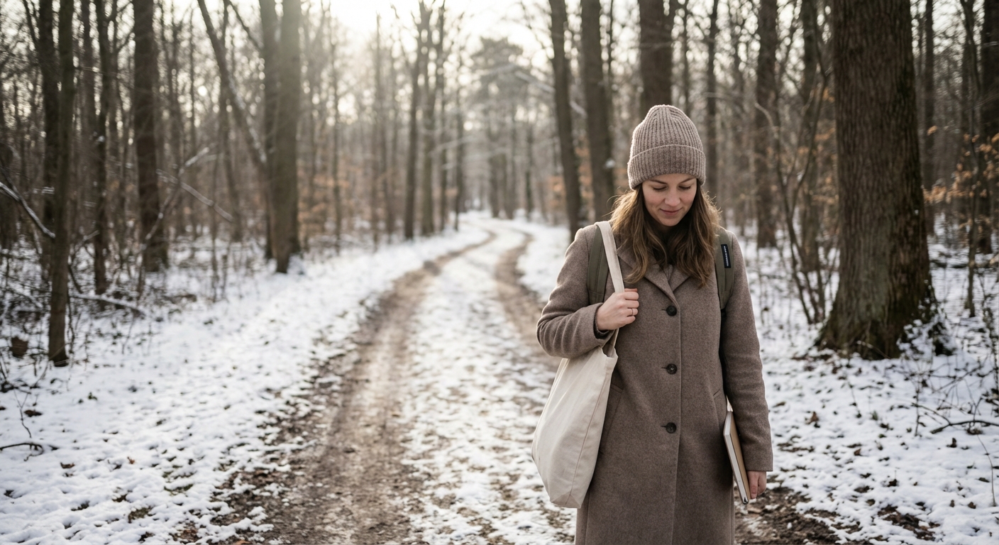 Person walking through nature during workday, taking intentional break for mental clarity